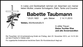 Traueranzeige von Babette Taubmann von Hersbrucker Zeitung
