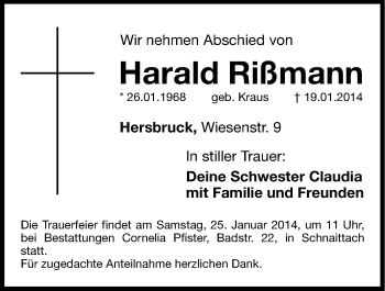 Traueranzeige von Harald Rißmann von Hersbrucker Zeitung
