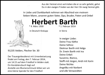 Traueranzeige von Herbert Barth von Hersbrucker Zeitung