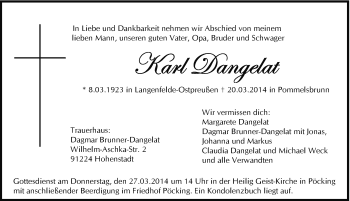 Traueranzeige von Karl Dangelat von Hersbrucker Zeitung