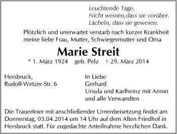 Traueranzeige von Marie Streit von Hersbrucker Zeitung