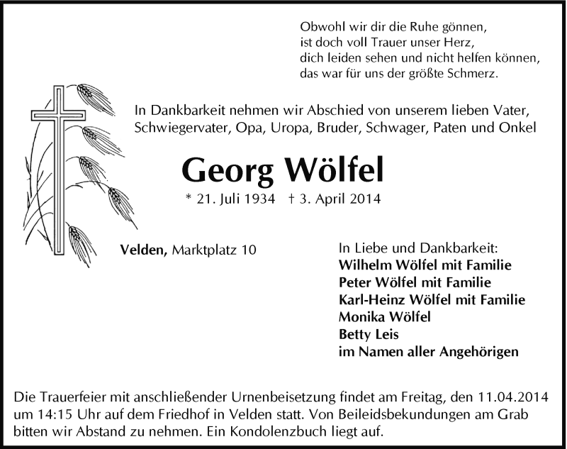  Traueranzeige für Georg Wölfel vom 09.04.2014 aus Hersbrucker Zeitung