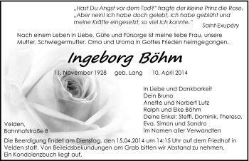 Traueranzeige von Ingeborg Böhm von Hersbrucker Zeitung