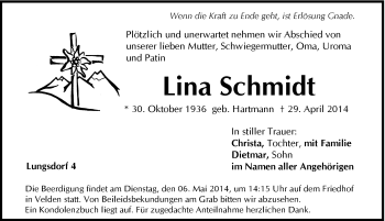 Traueranzeige von Lina Schmidt von Hersbrucker Zeitung
