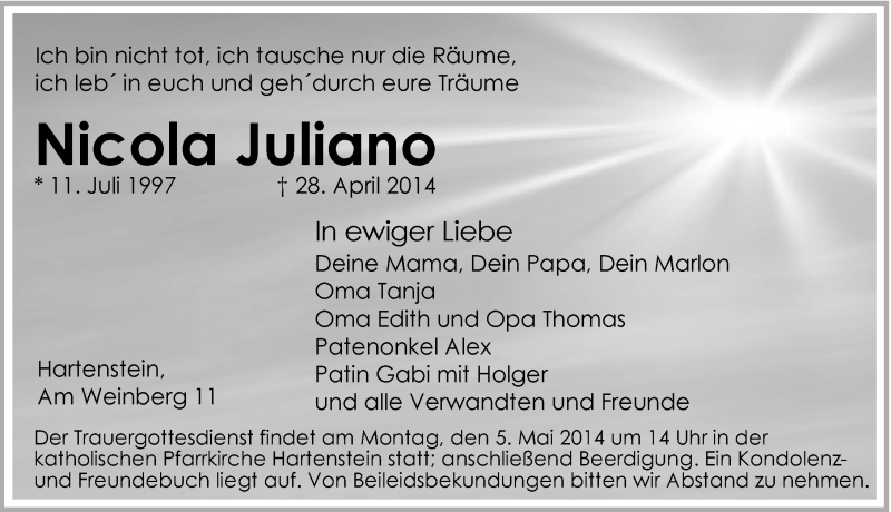  Traueranzeige für Nicola Juliano vom 03.05.2014 aus Hersbrucker Zeitung