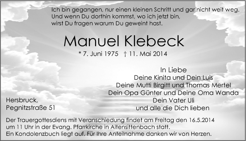  Traueranzeige für Manuel Klebeck vom 14.05.2014 aus Hersbrucker Zeitung