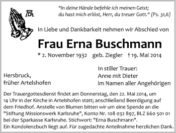 Traueranzeige von Erna Buschmann von Hersbrucker Zeitung