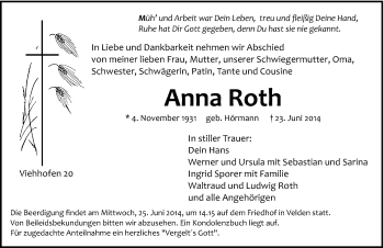 Traueranzeige von Anna Roth von Hersbrucker Zeitung