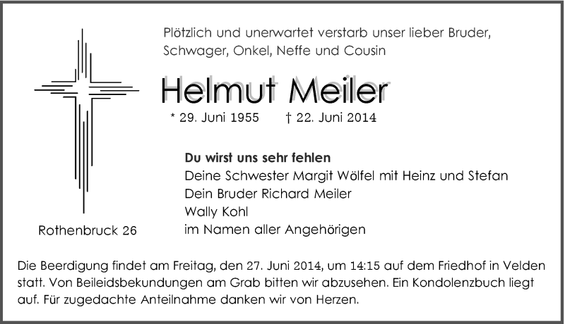  Traueranzeige für Helmut Meiler vom 25.06.2014 aus Hersbrucker Zeitung