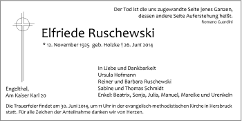 Traueranzeige von Elfriede Ruschewski von Hersbrucker Zeitung