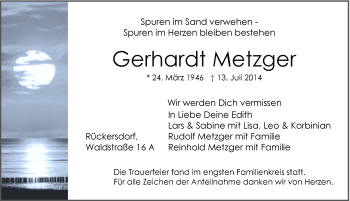 Traueranzeige von Gerhardt Metzger von Hersbrucker Zeitung