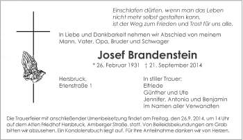 Traueranzeige von Josef Brandenstein von Hersbrucker Zeitung