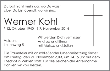 Traueranzeige von Werner Kohl von Hersbrucker Zeitung