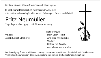 Traueranzeige von Fritz Neumüller von Hersbrucker Zeitung