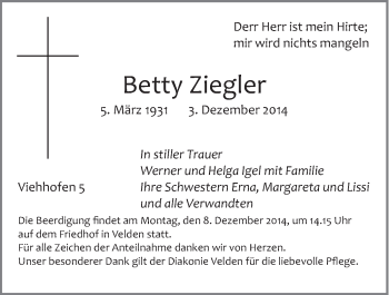 Traueranzeige von Betty Ziegler von Hersbrucker Zeitung