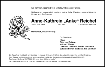 Traueranzeige von Anne-Kathrein Reichel von Hersbrucker Zeitung