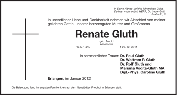 Traueranzeige von Renate Gluth von Hersbrucker Zeitung