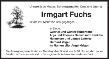 Traueranzeige von Irmgart Fuchs von Hersbrucker Zeitung