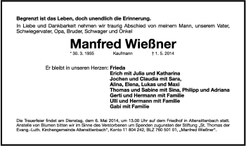 Traueranzeige von Manfred Wießner von Hersbrucker Zeitung