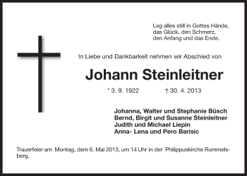 Traueranzeige von Johann Steinleitner von Der Bote
