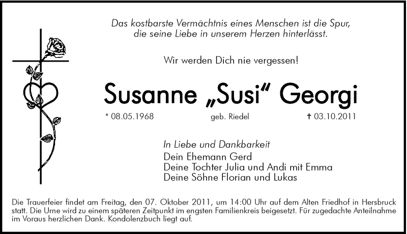  Traueranzeige für Susanne Georgi vom 05.10.2011 aus Hersbrucker Zeitung