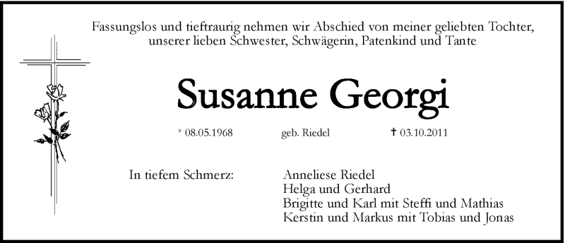  Traueranzeige für Susanne Georgi vom 05.10.2011 aus Hersbrucker Zeitung