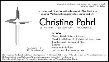 Traueranzeige von Christine Pohrl von Hersbrucker Zeitung