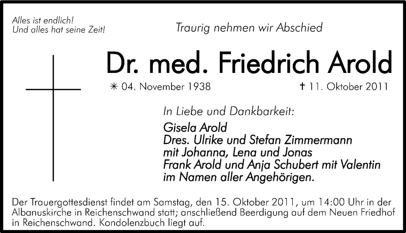  Traueranzeige für Friedrich Arold vom 13.10.2011 aus Hersbrucker Zeitung