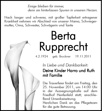 Traueranzeige von Berta Rupprecht von Hersbrucker Zeitung