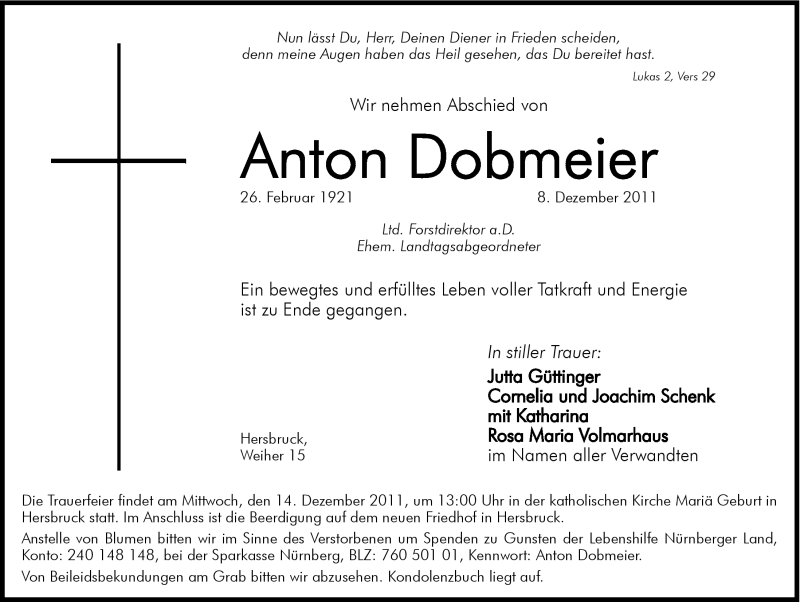  Traueranzeige für Anton Dobmeier vom 10.12.2011 aus Hersbrucker Zeitung