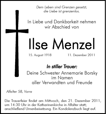 Traueranzeige von Ilse Menzel von Hersbrucker Zeitung