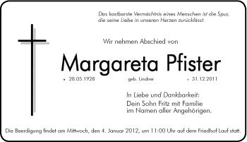 Traueranzeige von Margareta Pfister von Hersbrucker Zeitung