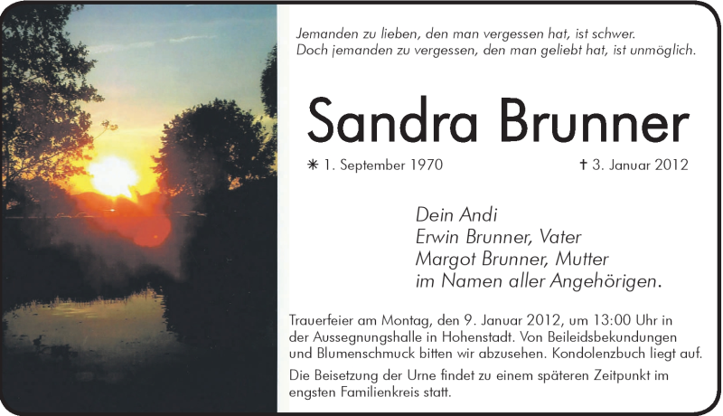 Traueranzeige für Sandra Brunner vom 06.01.2012 aus Hersbrucker Zeitung
