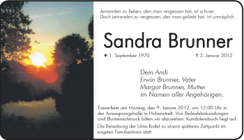 Traueranzeige von Sandra Brunner von Hersbrucker Zeitung
