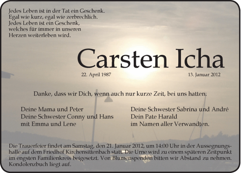  Traueranzeige für Carsten Icha vom 19.01.2012 aus Hersbrucker Zeitung