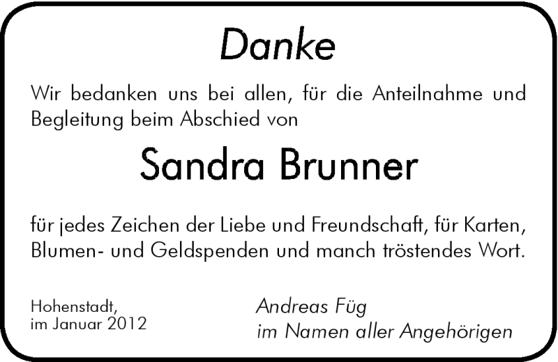  Traueranzeige für Sandra Brunner vom 21.01.2012 aus Hersbrucker Zeitung