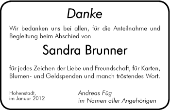 Traueranzeige von Sandra Brunner von Hersbrucker Zeitung