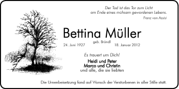 Traueranzeige von Bettina Müller von Hersbrucker Zeitung