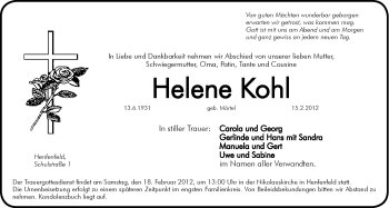Traueranzeige von Helene Kohl von Hersbrucker Zeitung