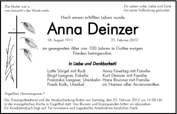 Traueranzeige von Anna Deinzer von Hersbrucker Zeitung