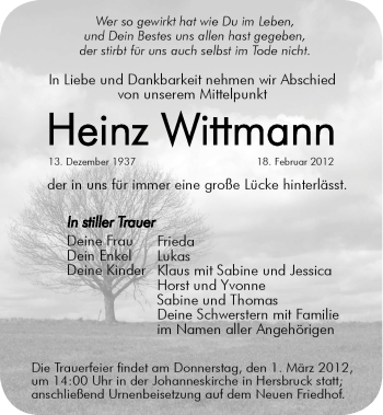 Traueranzeige von Heinz Wittmann von Hersbrucker Zeitung