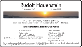 Traueranzeige von Rudolf Hauenstein von Hersbrucker Zeitung