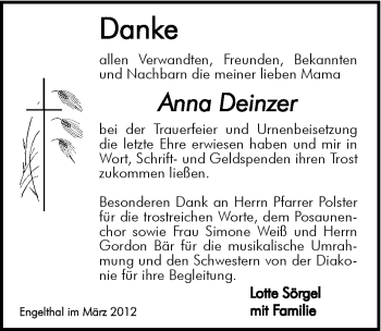 Traueranzeige von Anna Deinzer von Hersbrucker Zeitung