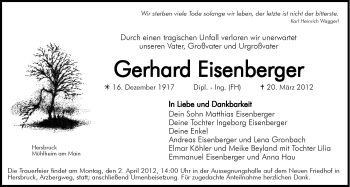 Traueranzeige von Gerhard Eisenberger von Hersbrucker Zeitung