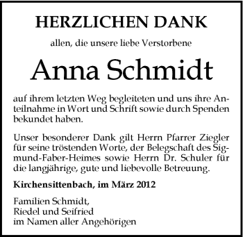 Traueranzeige von Anna Schmidt von Hersbrucker Zeitung
