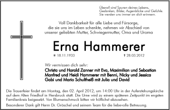 Traueranzeige von Erna Hammerer von Hersbrucker Zeitung