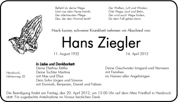 Traueranzeige von Hans Ziegler von Hersbrucker Zeitung