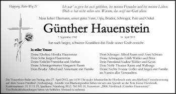 Traueranzeige von Günther Hauenstein von Hersbrucker Zeitung