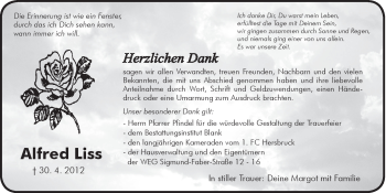 Traueranzeige von Alfred Liss von Hersbrucker Zeitung