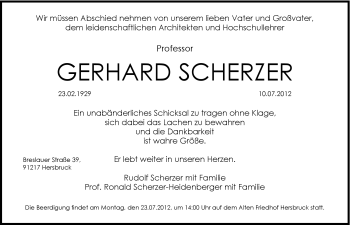 Traueranzeige von Gerhard Scherzer von Hersbrucker Zeitung